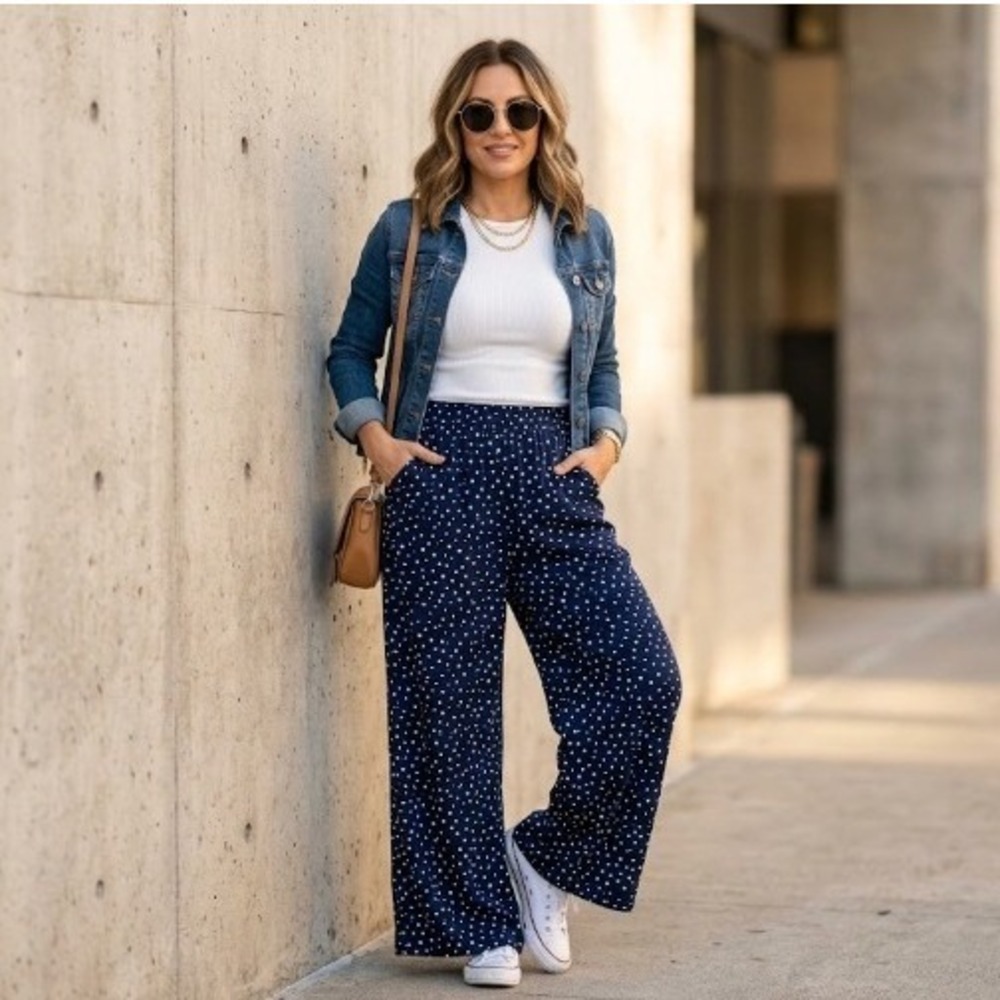 Premise Navy Blue Polka Dot Wide Leg Smocked Waist Pants NWT